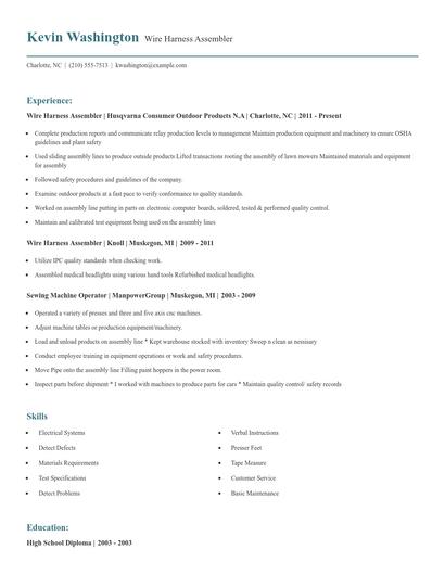 Wire Harness Assembler Resume
