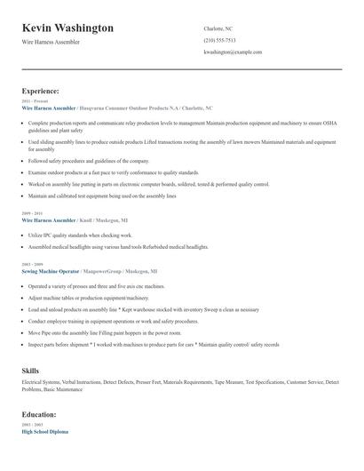 Wire Harness Assembler Resume