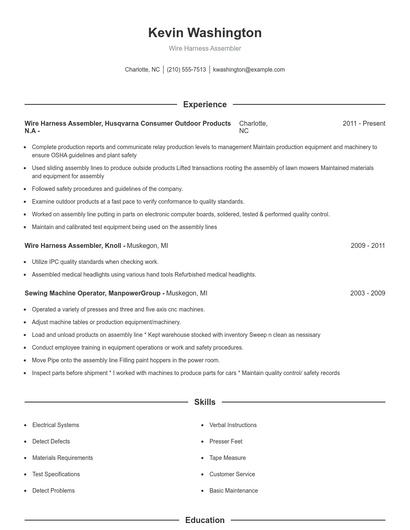 Wire Harness Assembler Resume