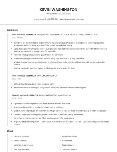 Wire Harness Assembler Resume