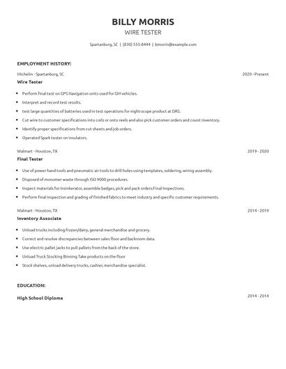 Wire Tester Resume