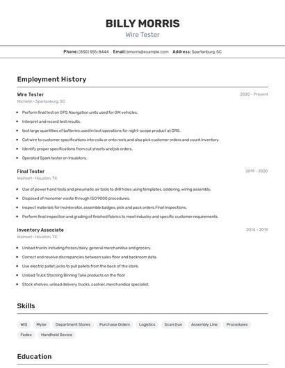 Wire Tester Resume