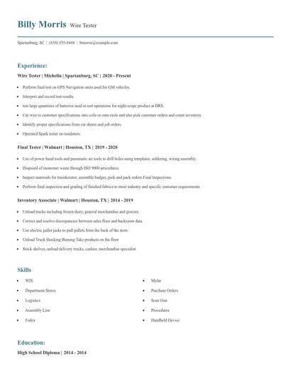 Wire Tester Resume