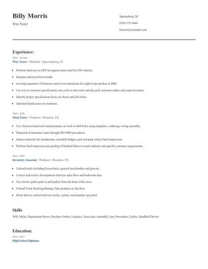 Wire Tester Resume