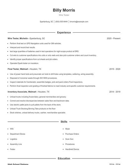 Wire Tester Resume