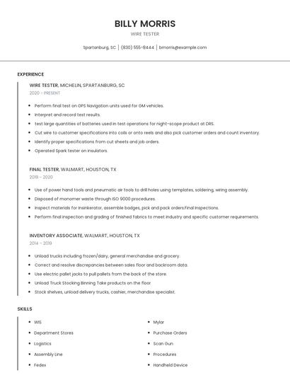 Wire Tester Resume