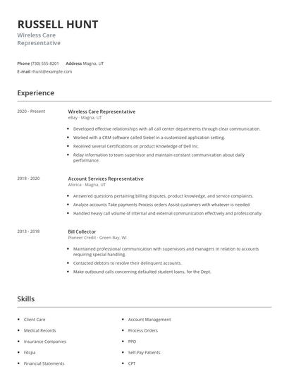 Wireless Care Representative Resume