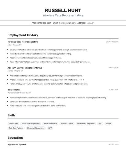 Wireless Care Representative Resume