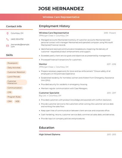 Wireless Care Representative Resume
