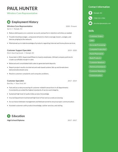 Wireless Care Representative Resume