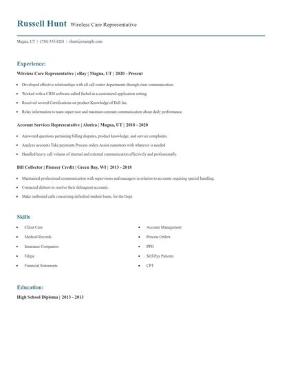 Wireless Care Representative Resume
