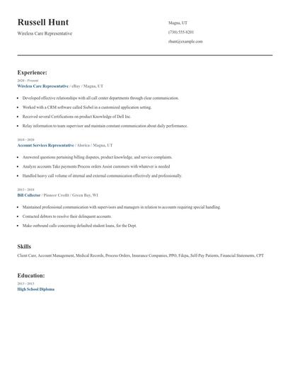 Wireless Care Representative Resume