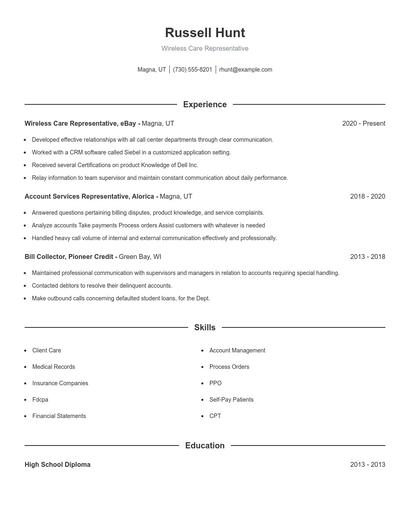 Wireless Care Representative Resume