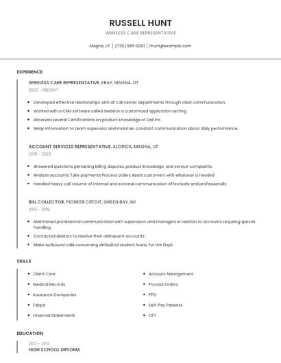 Wireless Care Representative Resume