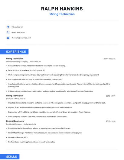 Wiring Technician Resume