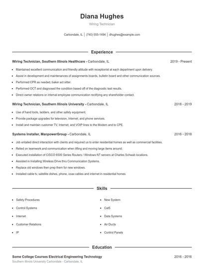 Wiring Technician Resume