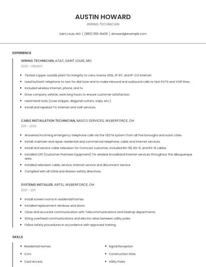 Wiring Technician Resume