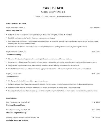 Wood Shop Teacher Resume