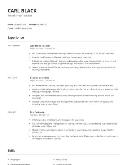 Wood Shop Teacher Resume