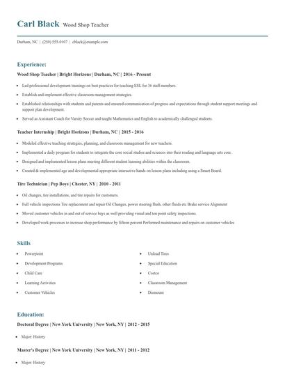 Wood Shop Teacher Resume