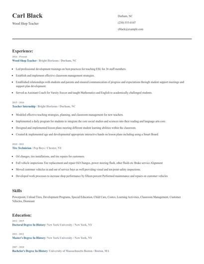 Wood Shop Teacher Resume