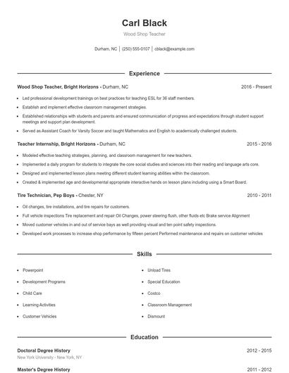 Wood Shop Teacher Resume