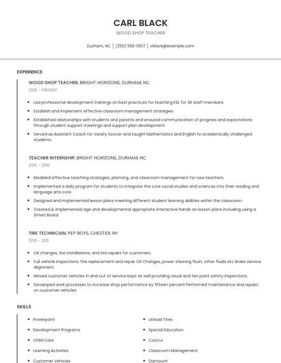 Wood Shop Teacher Resume