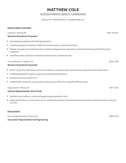 Woodworking Bench Carpenter Resume