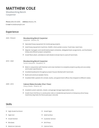 Woodworking Bench Carpenter Resume