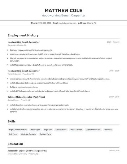 Woodworking Bench Carpenter Resume
