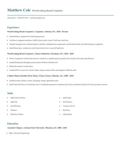Woodworking Bench Carpenter Resume