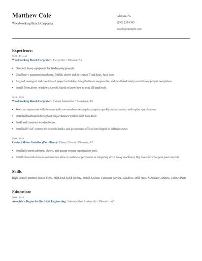 Woodworking Bench Carpenter Resume