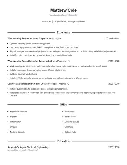 Woodworking Bench Carpenter Resume