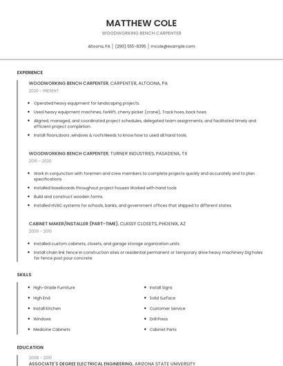 Woodworking Bench Carpenter Resume