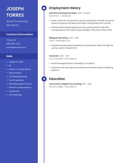Word Processing Secretary Resume