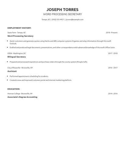 Word Processing Secretary Resume