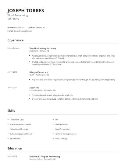 Word Processing Secretary Resume