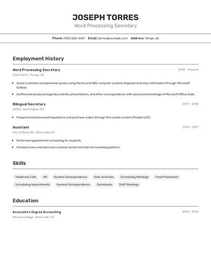 Word Processing Secretary Resume