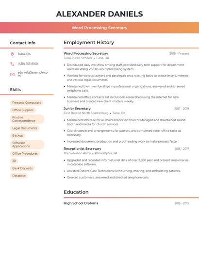 Word Processing Secretary Resume