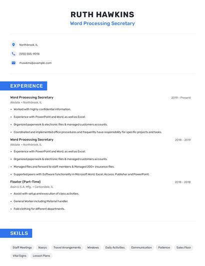 Word Processing Secretary Resume