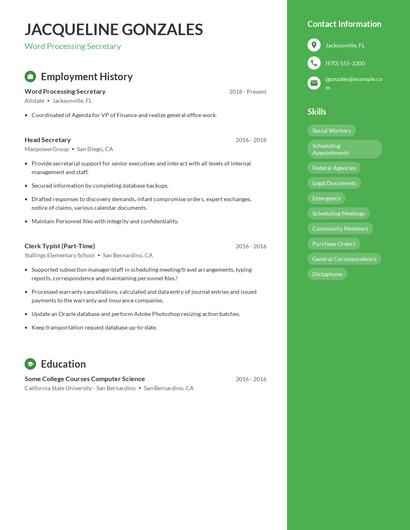 Word Processing Secretary Resume