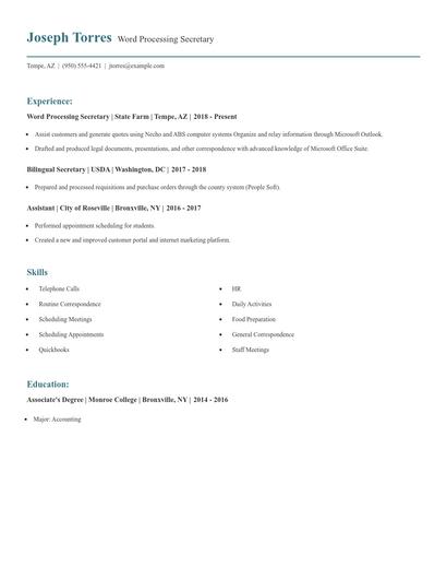 Word Processing Secretary Resume