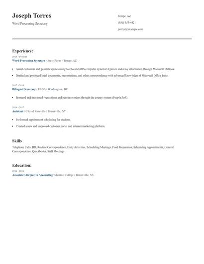Word Processing Secretary Resume