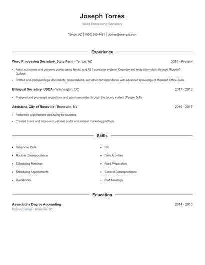Word Processing Secretary Resume