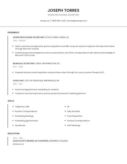 Word Processing Secretary Resume