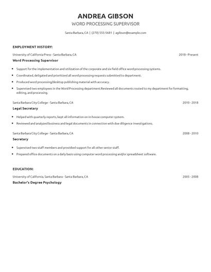 Word Processing Supervisor Resume