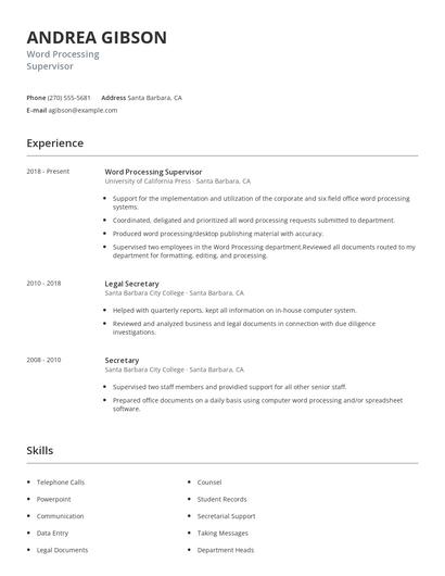 Word Processing Supervisor Resume