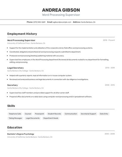 Word Processing Supervisor Resume