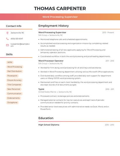 Word Processing Supervisor Resume