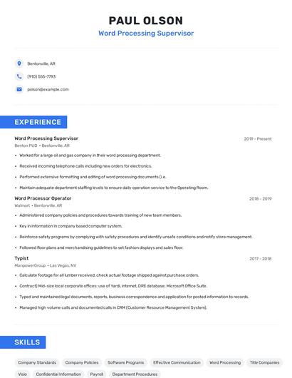 Word Processing Supervisor Resume